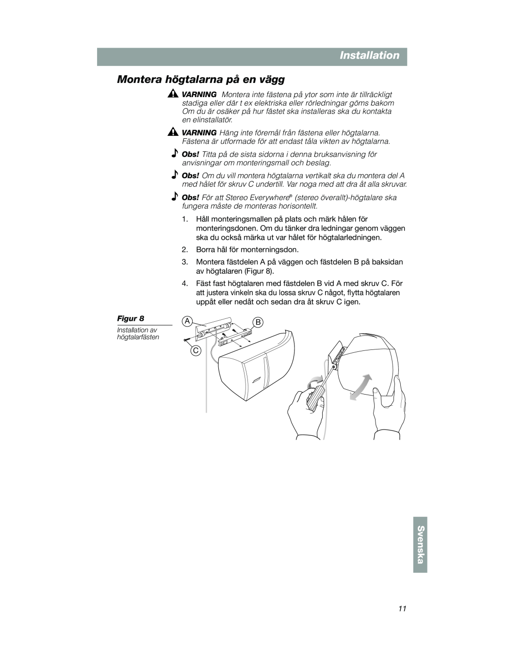 Bose VCS-10 manual Montera högtalarna på en vägg, Svenska, Installation av högtalarfästen 