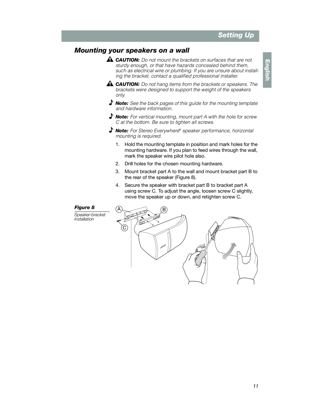 Bose VCS-10 manual Mounting your speakers on a wall, Setting Up, English 