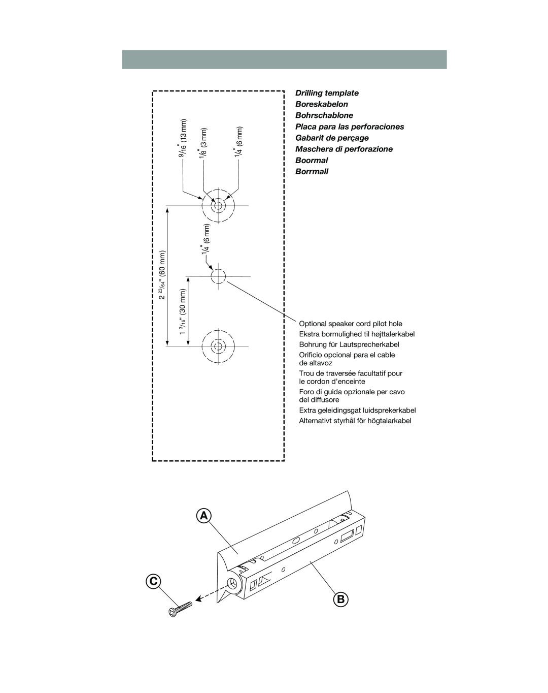 Bose VCS-10 manual A C B, Drilling template Boreskabelon Bohrschablone, Borrmall 