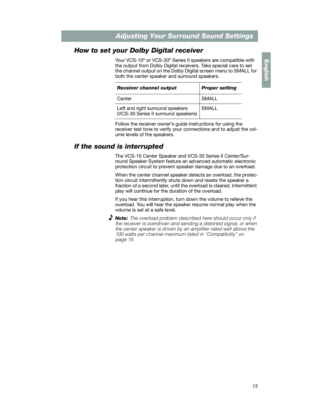 Bose VCS-10 How to set your Dolby Digital receiver, If the sound is interrupted, Adjusting Your Surround Sound Settings 