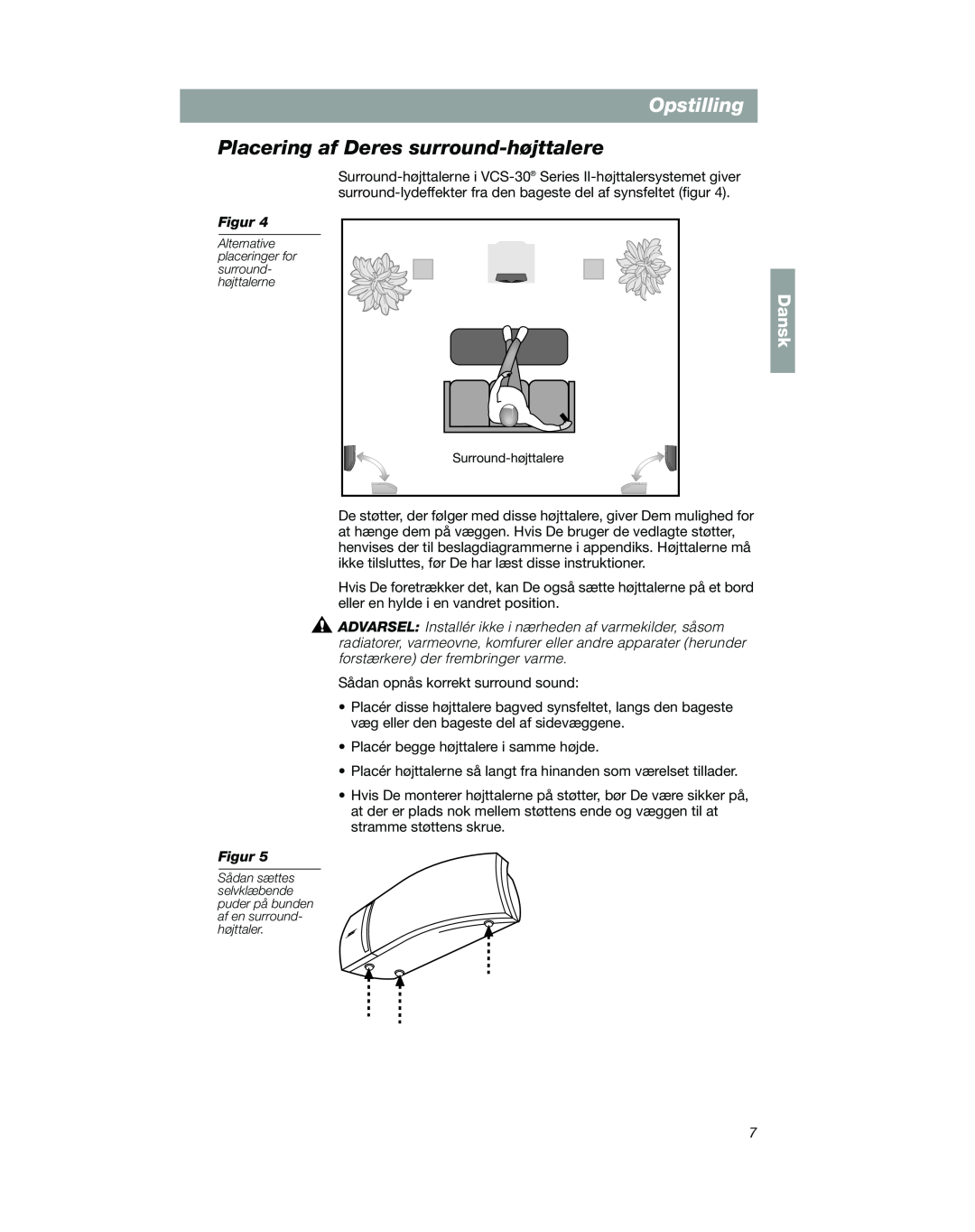 Bose VCS-10 manual Placering af Deres surround-højttalere, Opstilling, Dansk 