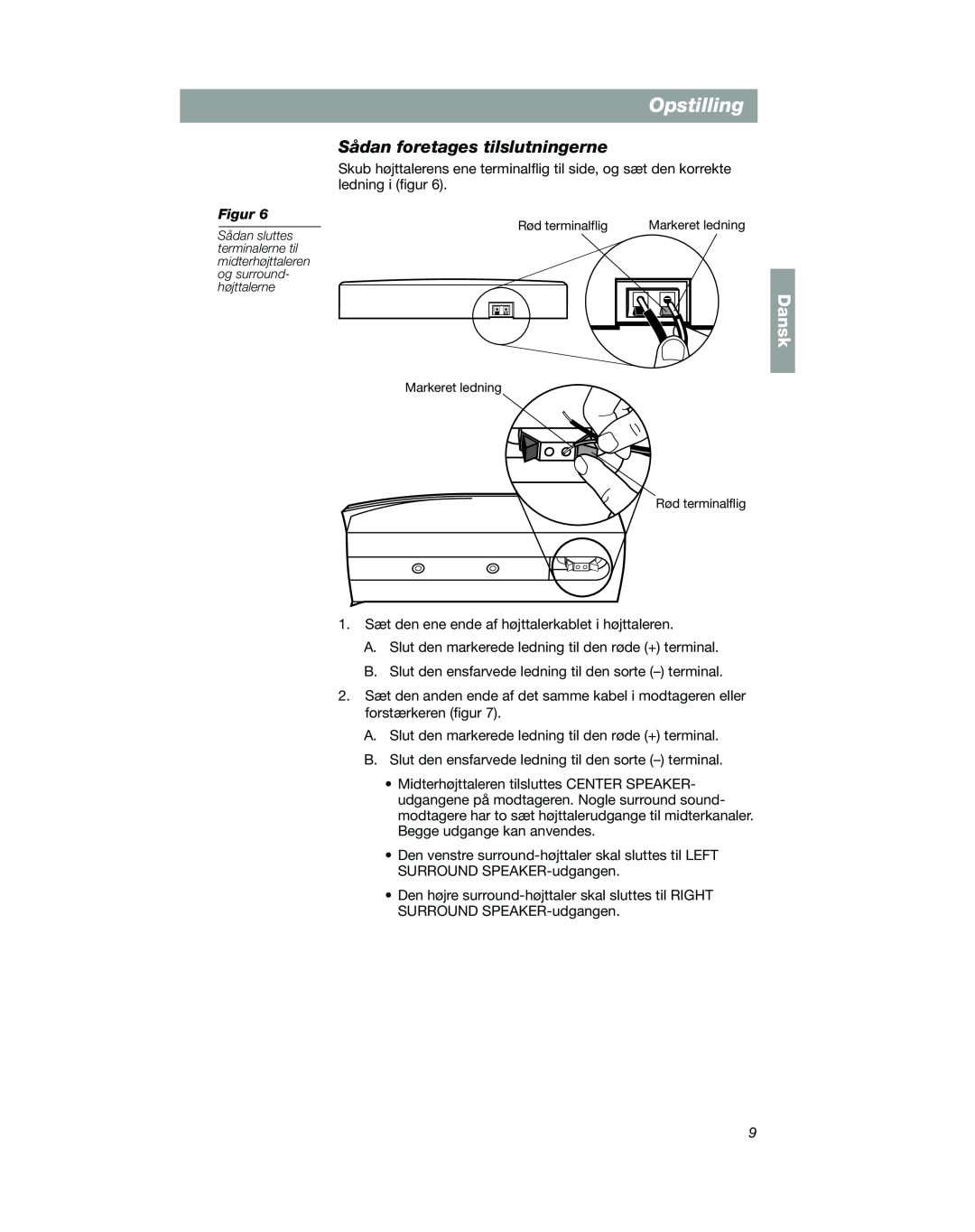 Bose VCS-10 manual Sådan foretages tilslutningerne, Opstilling, Dansk, Rød terminalflig, Markeret ledning 