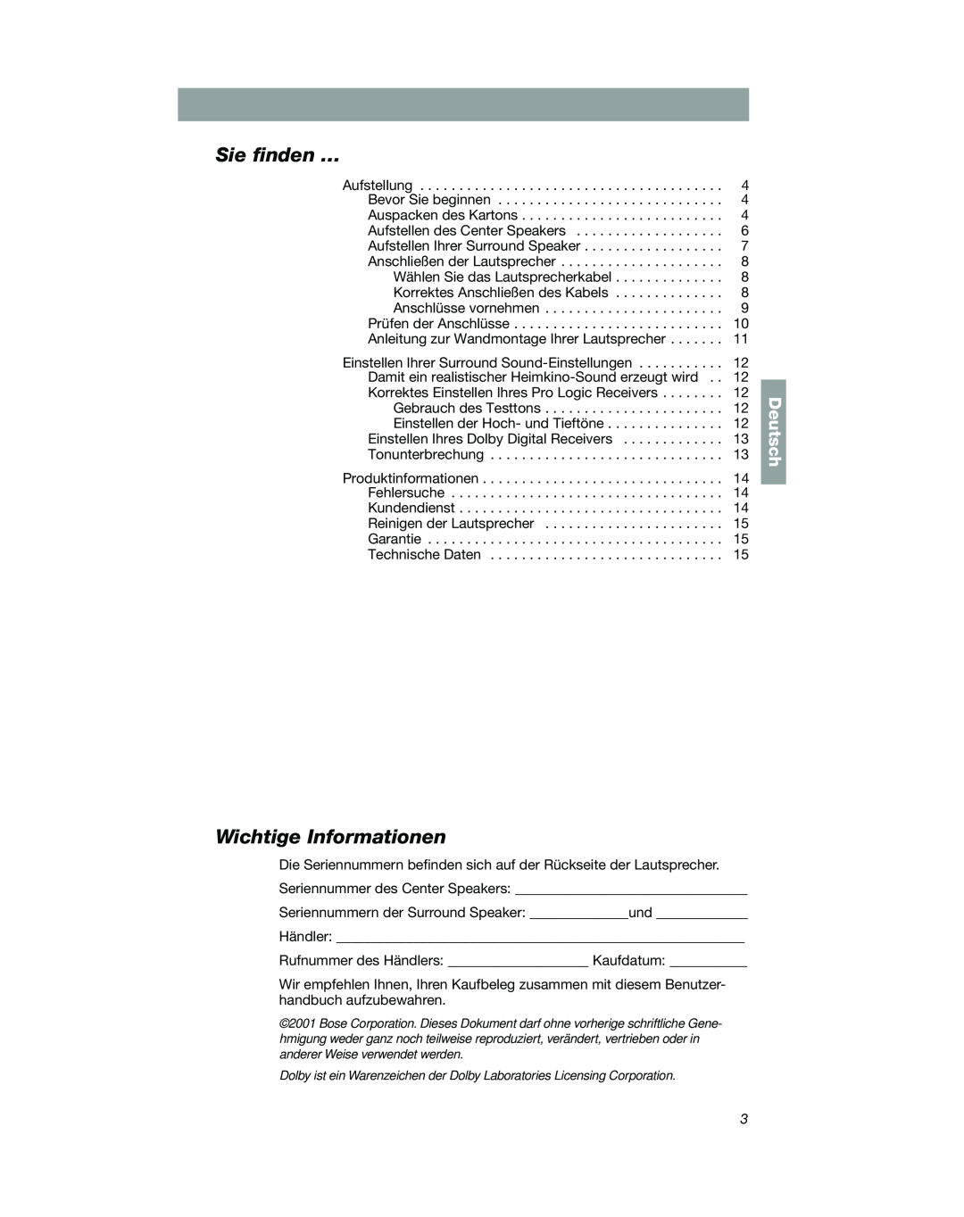 Bose VCS-10 manual Sie ﬁnden …, Wichtige Informationen, Deutsch 