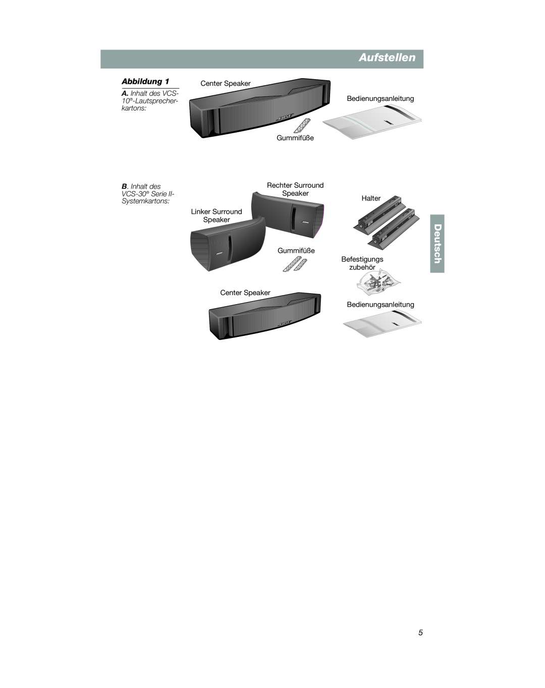 Bose VCS-10 manual Aufstellen, Deutsch, Center Speaker Linker Surround Speaker, Gummifüße Befestigungs zubehör 