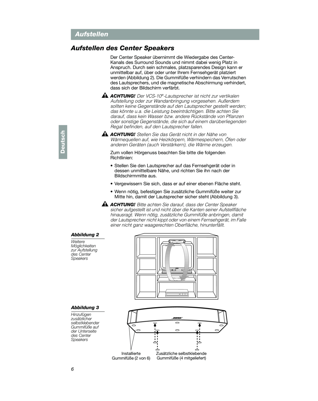 Bose VCS-10 manual Aufstellen des Center Speakers, Deutsch 