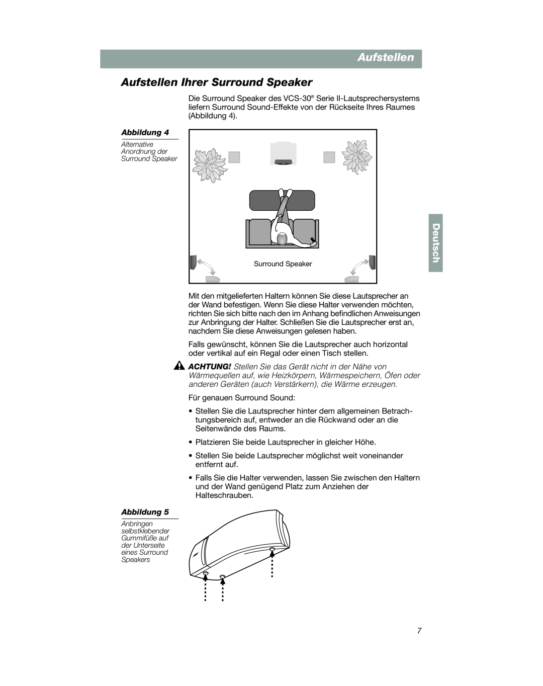 Bose VCS-10 manual Aufstellen Ihrer Surround Speaker, Deutsch 
