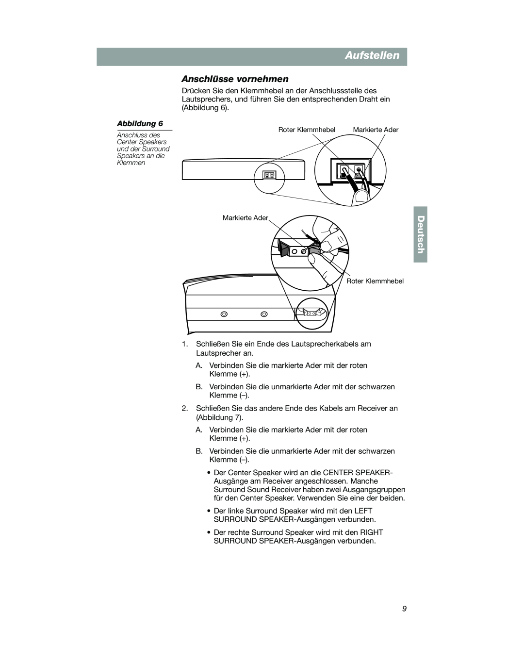 Bose VCS-10 manual Anschlüsse vornehmen, Aufstellen, Deutsch, Markierte Ader Roter Klemmhebel 