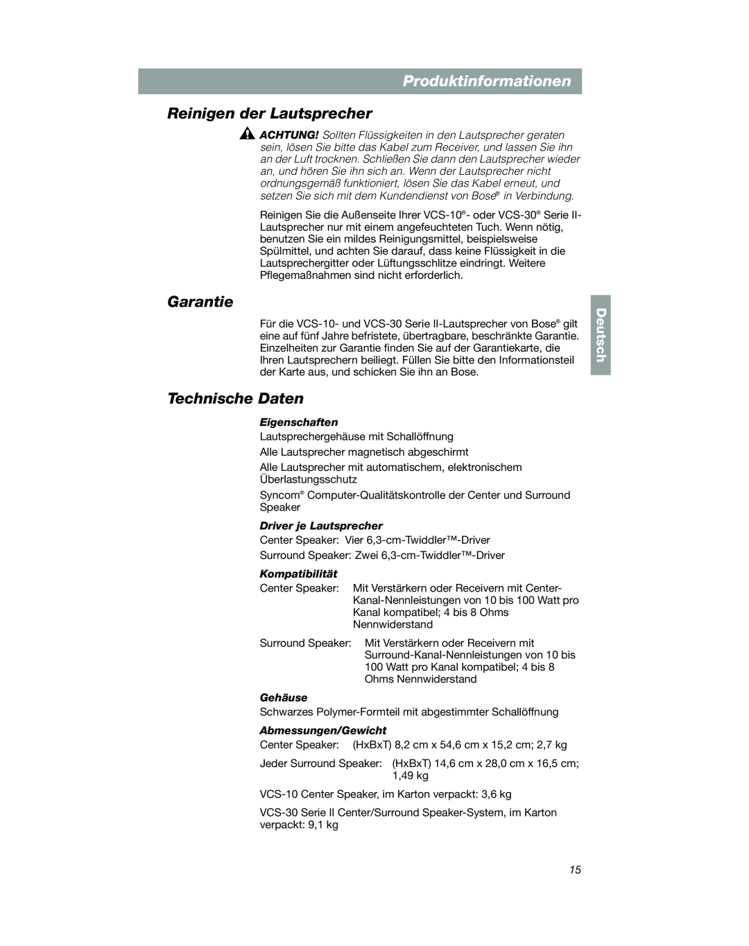 Bose VCS-10 manual Reinigen der Lautsprecher, Garantie, Technische Daten, Produktinformationen, Deutsch 