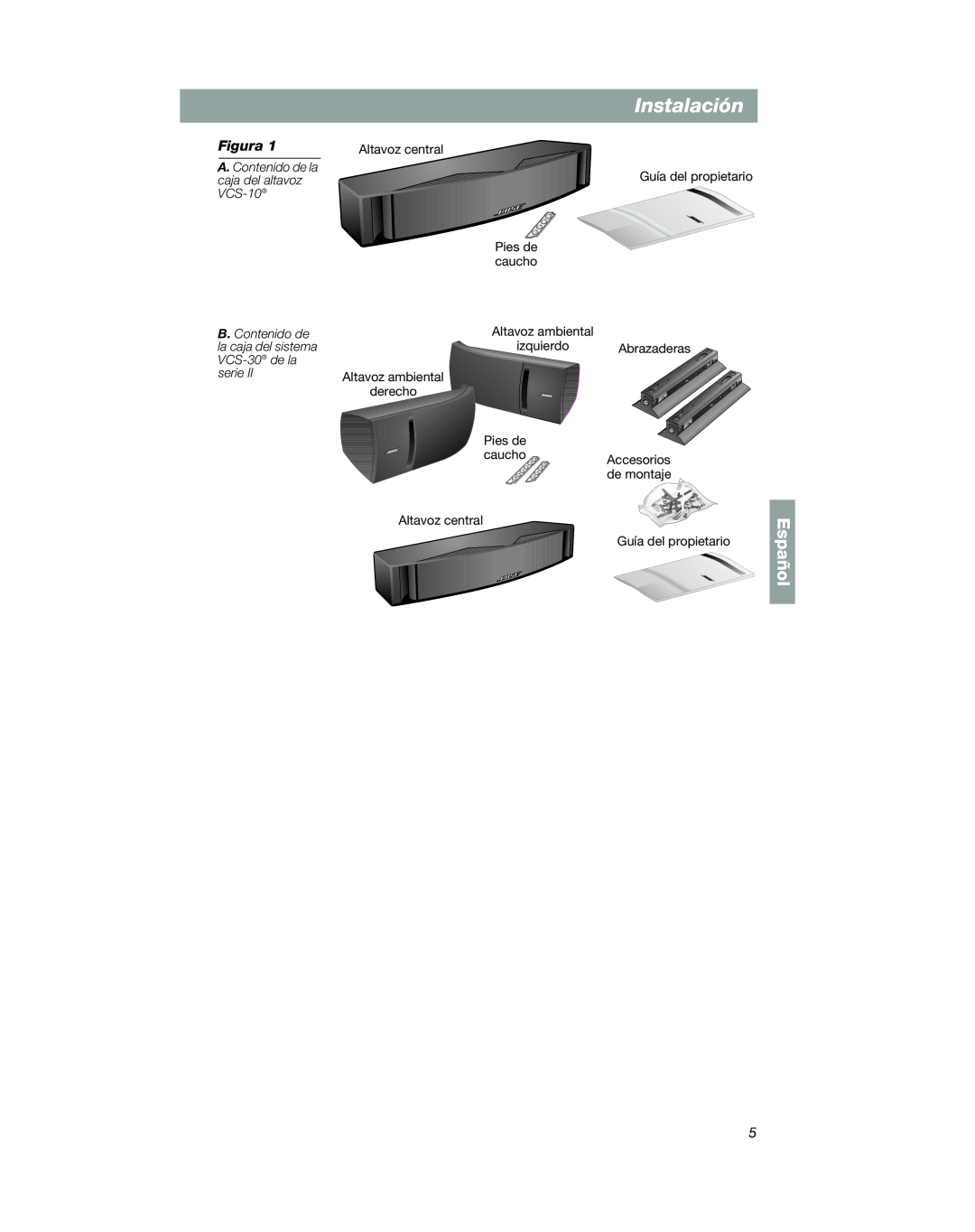Bose manual Instalación, Español, A. Contenido de la caja del altavoz VCS-10, Altavoz central Pies de caucho, Accesorios 