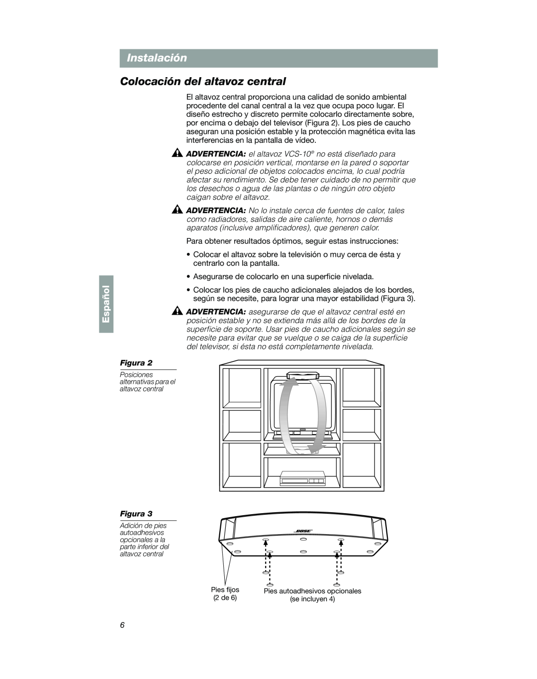 Bose VCS-10 manual Colocación del altavoz central, Instalación, Español 