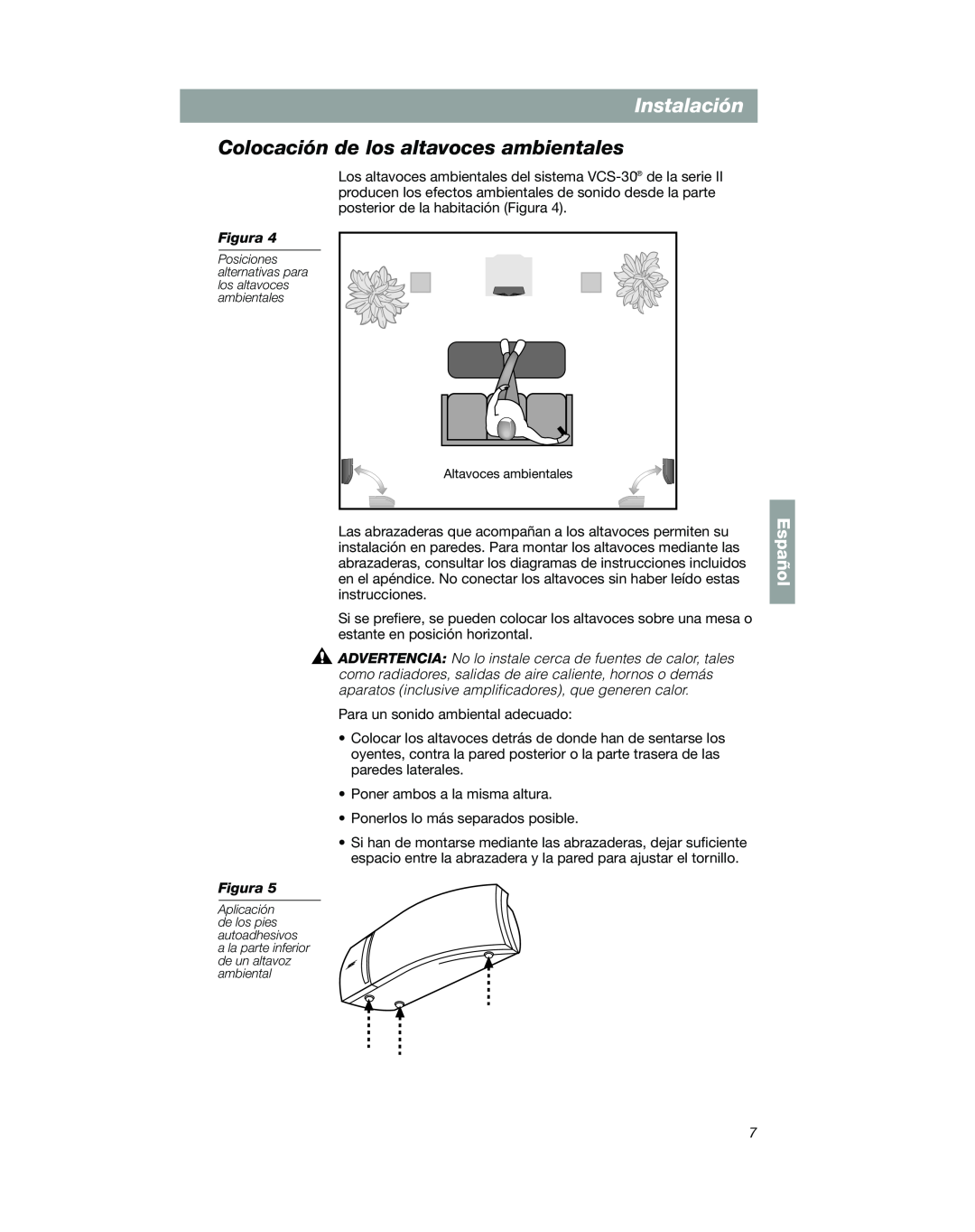 Bose VCS-10 manual Colocación de los altavoces ambientales, Instalación, Español 
