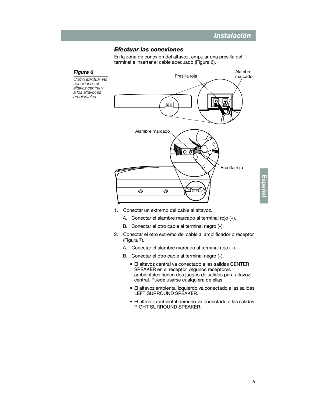 Bose VCS-10 manual Efectuar las conexiones, Instalación, Español, Alambre marcado Presilla roja 