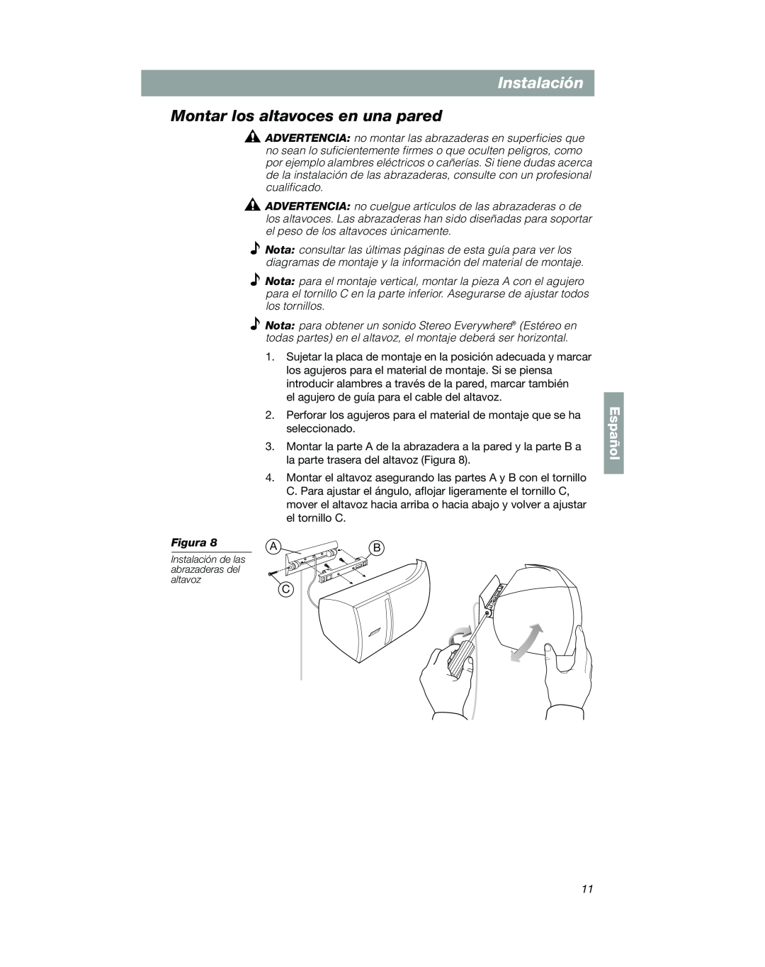 Bose VCS-10 manual Montar los altavoces en una pared, Español, Instalación de las abrazaderas del altavoz 