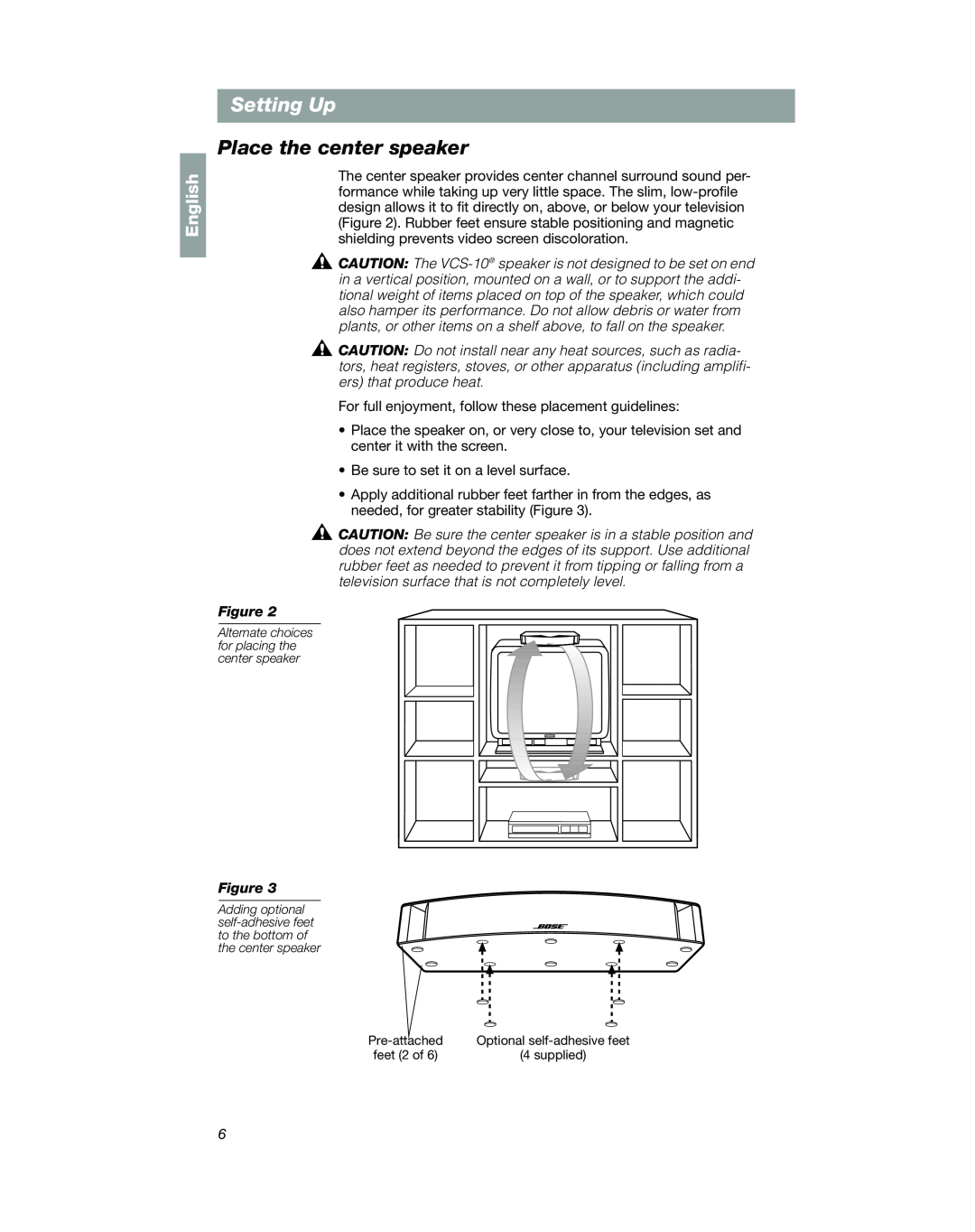 Bose VCS-10 manual Place the center speaker, Setting Up, English 