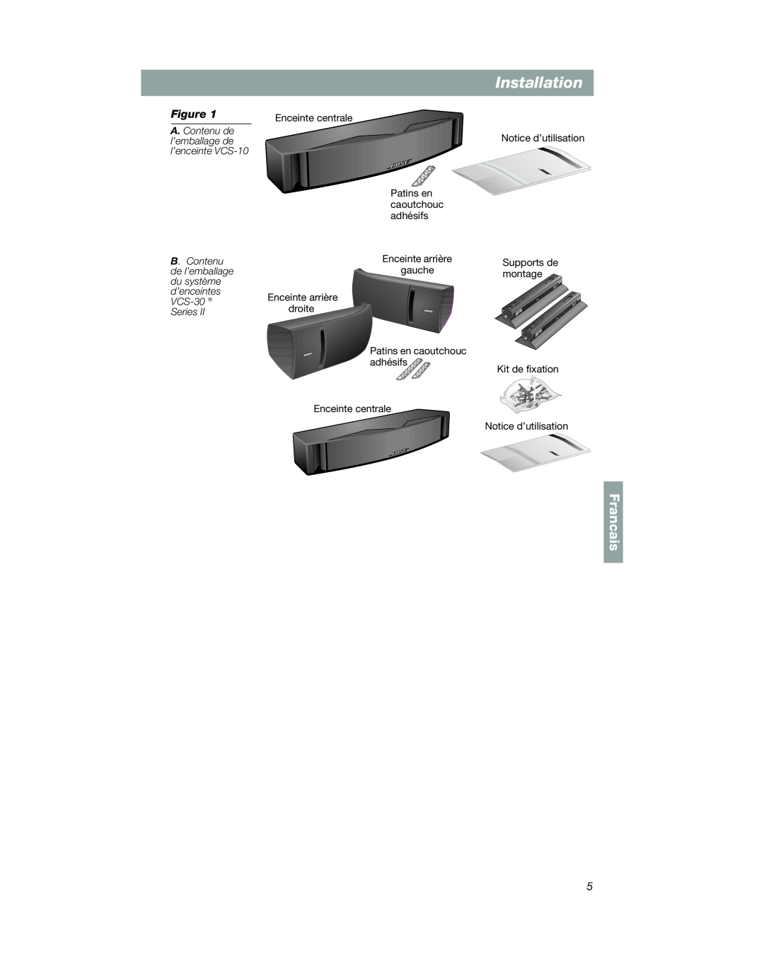 Bose VCS-10 Installation, Francais, Enceinte centrale Patins en caoutchouc adhésifs, Notice d’utilisation, B. Contenu 