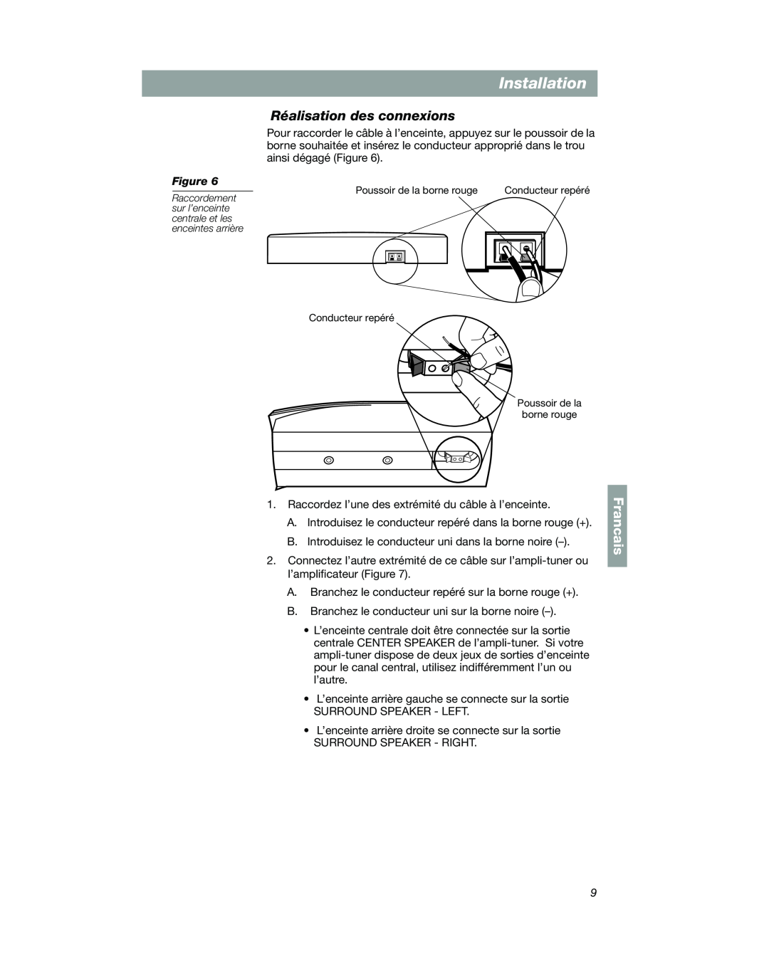 Bose VCS-10 manual Réalisation des connexions, Installation, Francais 