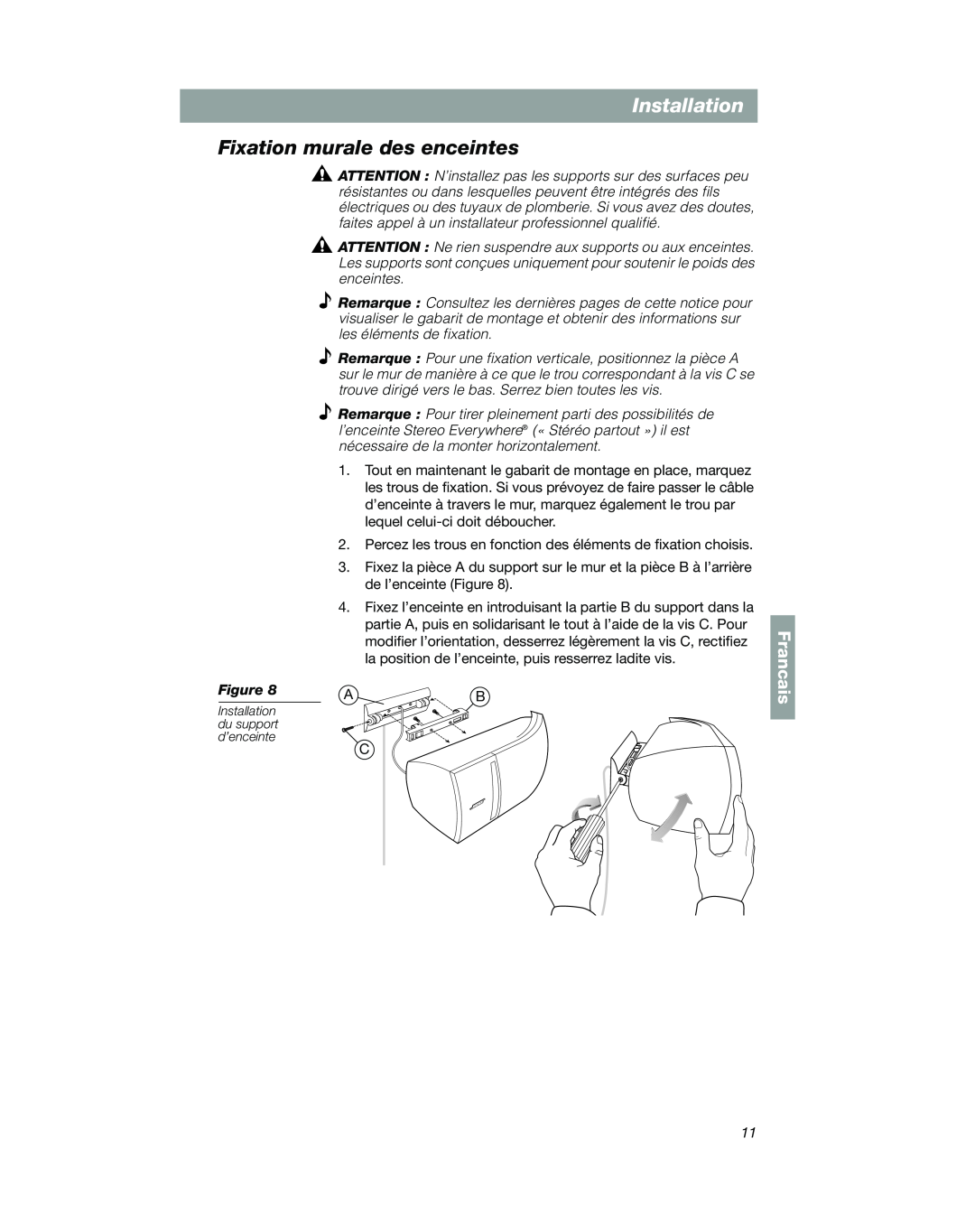 Bose VCS-10 manual Fixation murale des enceintes, Francais, Installation du support d’enceinte 