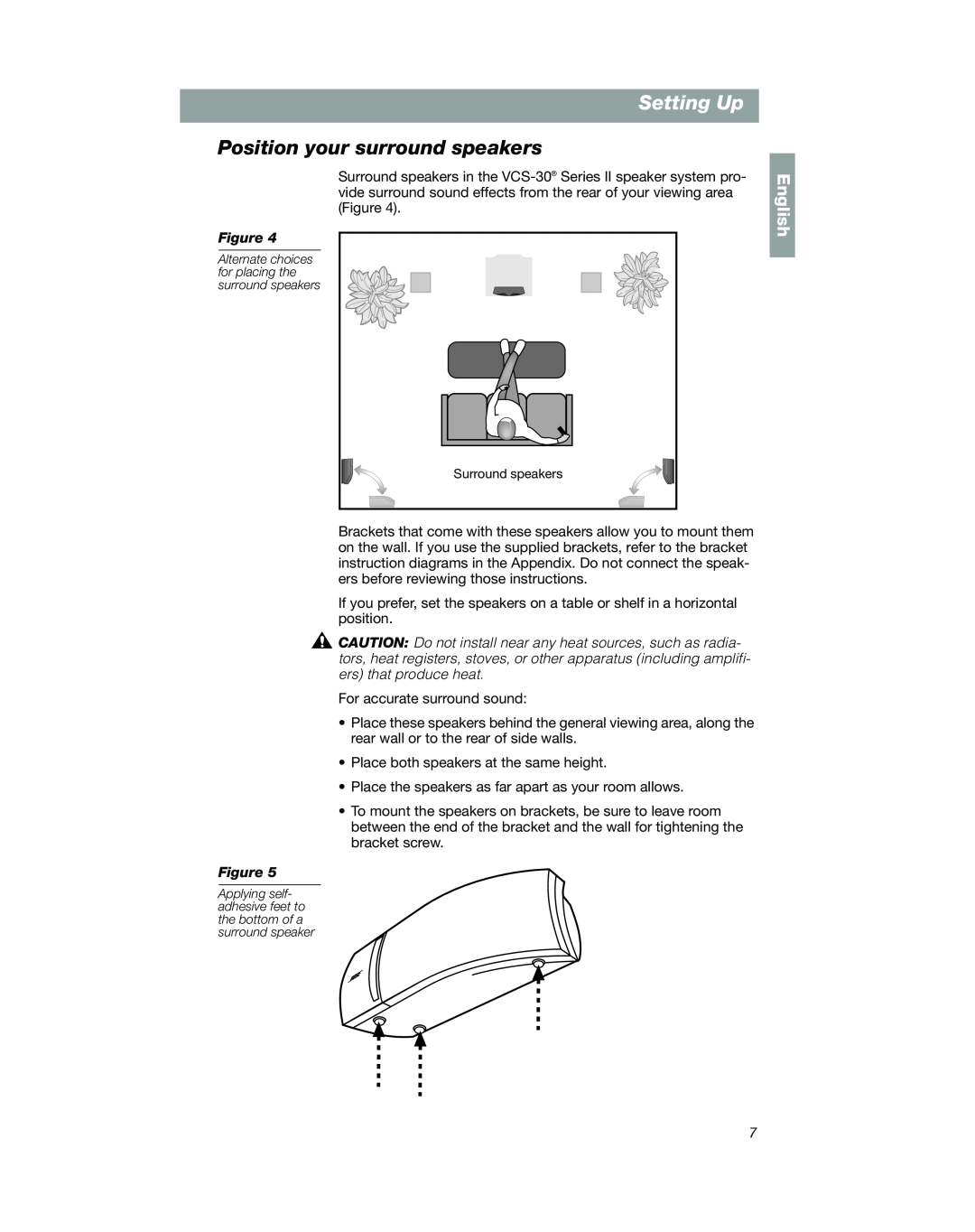 Bose VCS-10 manual Position your surround speakers, Setting Up, English 