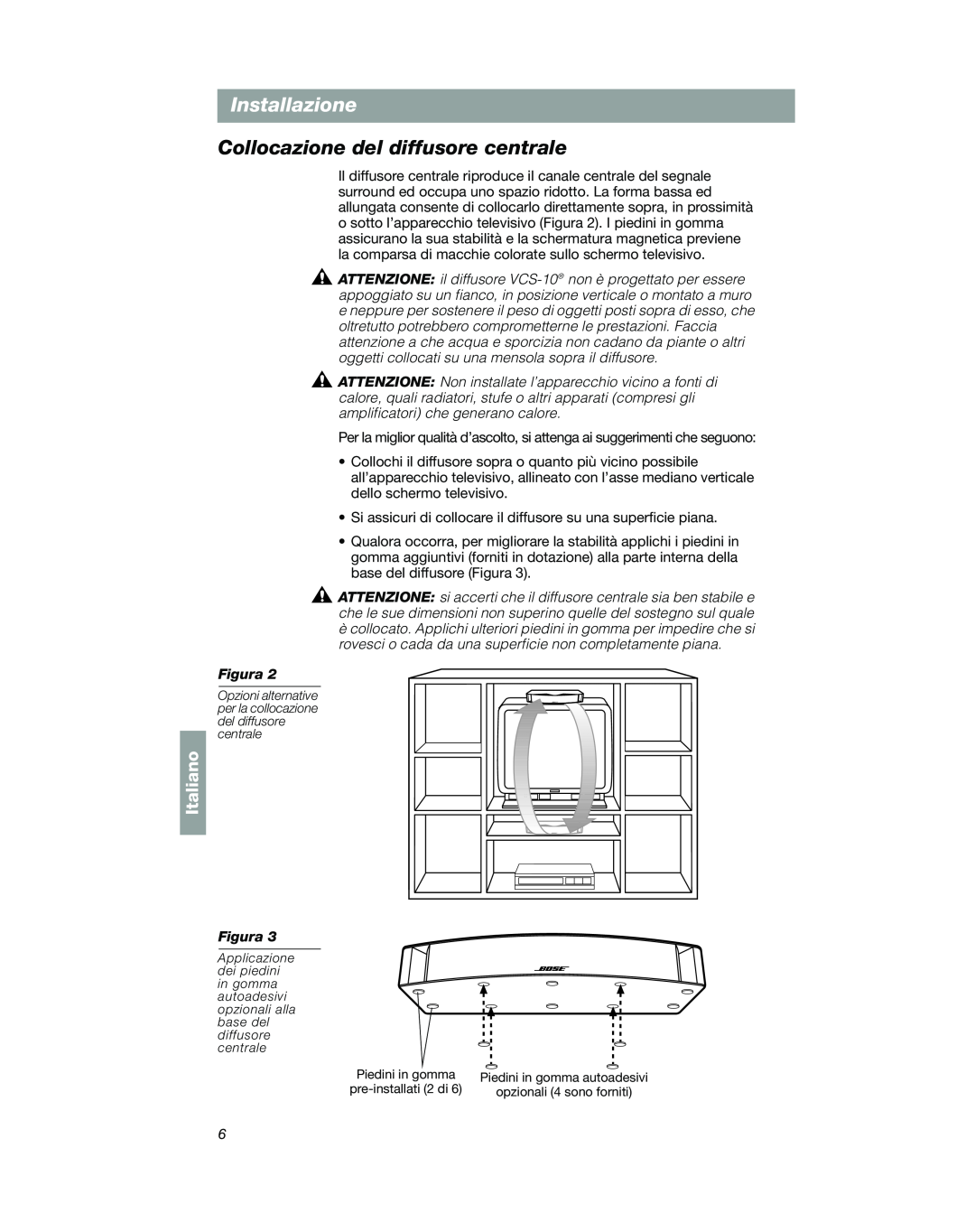 Bose VCS-10 manual Collocazione del diffusore centrale, Installazione, Italiano 
