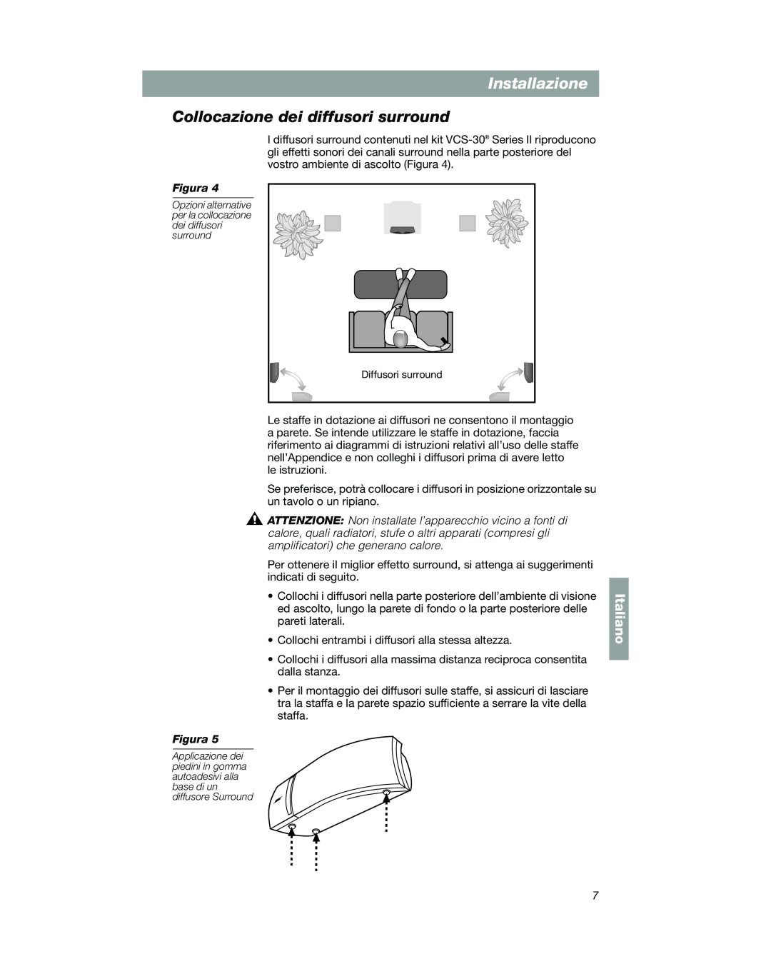 Bose VCS-10 manual Collocazione dei diffusori surround, Installazione, Italiano 