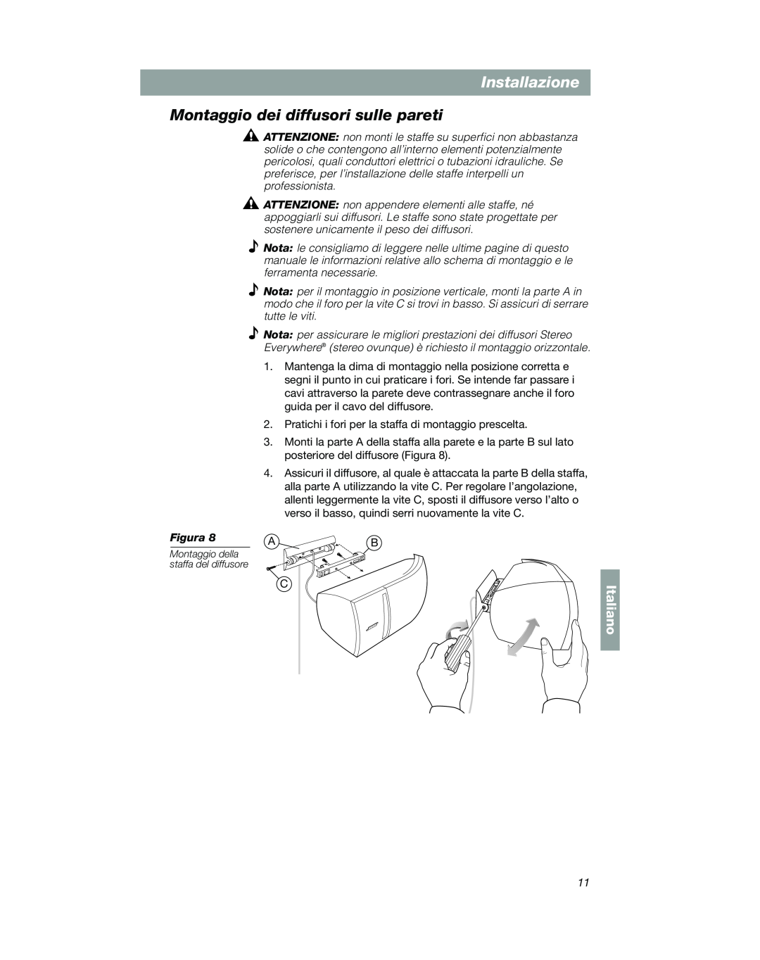 Bose VCS-10 manual Montaggio dei diffusori sulle pareti, Installazione, Italiano 