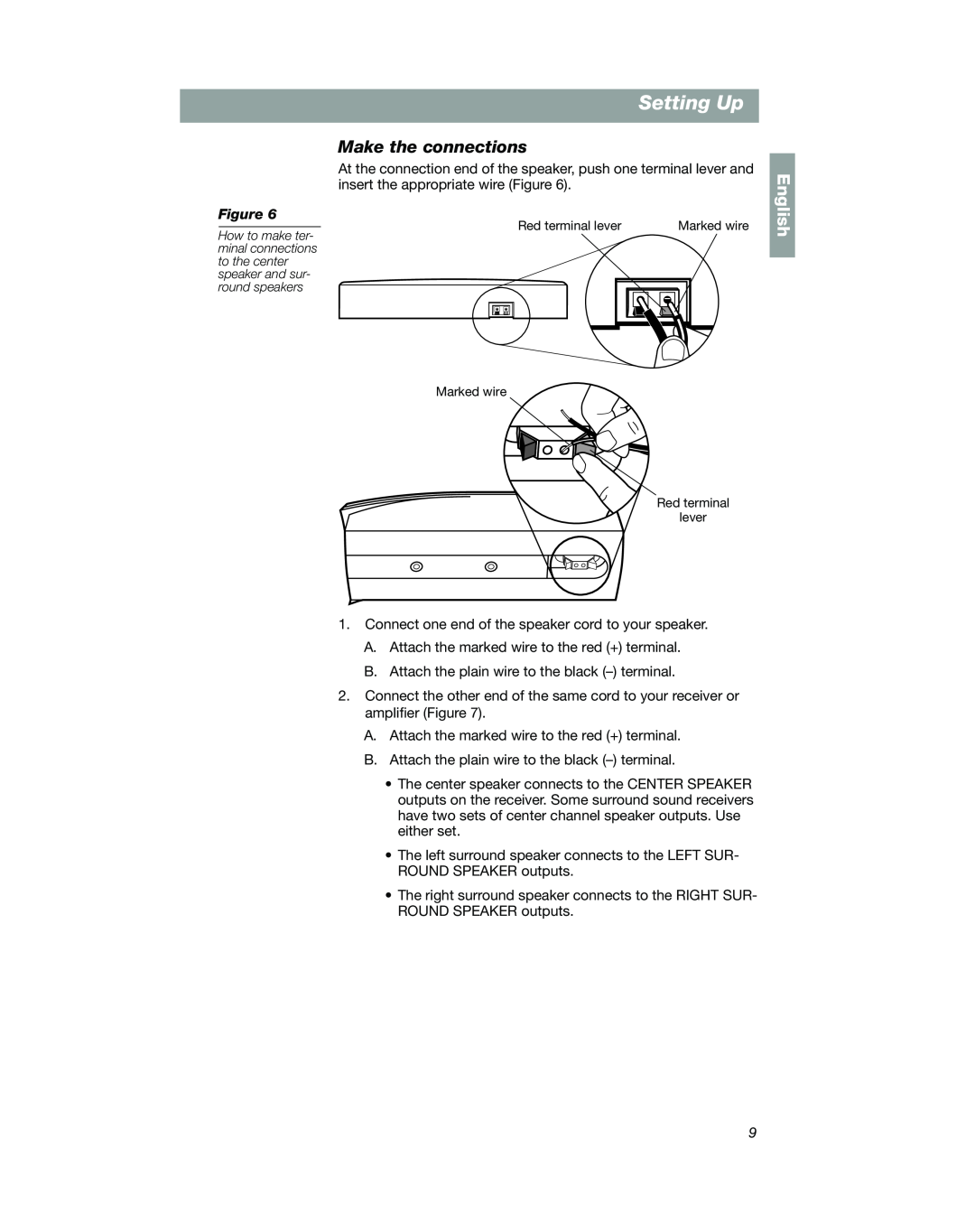 Bose VCS-10 manual Make the connections, Setting Up, English, Marked wire Red terminal lever 