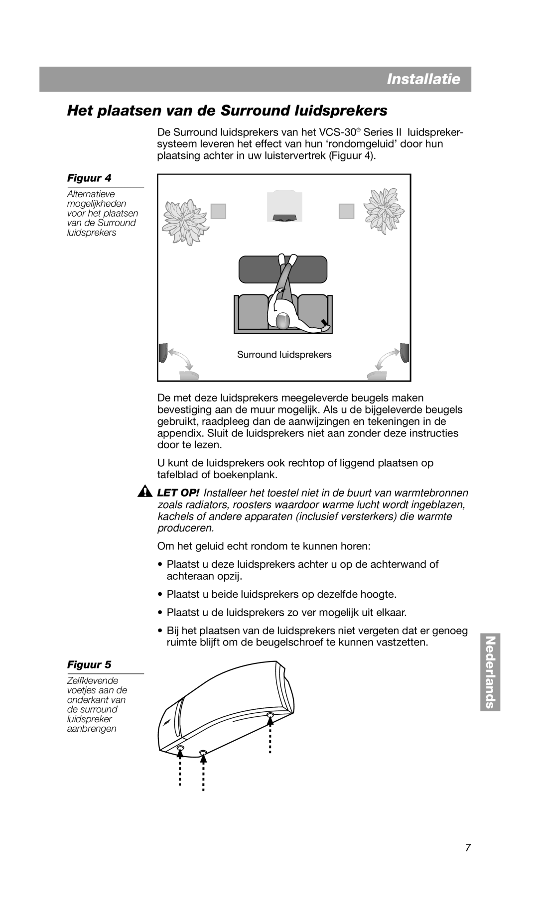 Bose VCS-10 manual Het plaatsen van de Surround luidsprekers, Installatie, Nederlands 