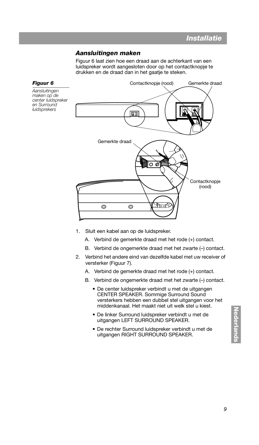 Bose VCS-10 manual Aansluitingen maken, Installatie, Nederlands, Gemerkte draad Contactknopje rood 