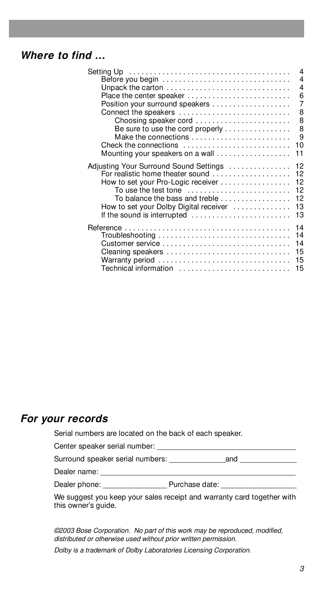 Bose VCS-10, VCS-30 manual Where to find …, For your records 