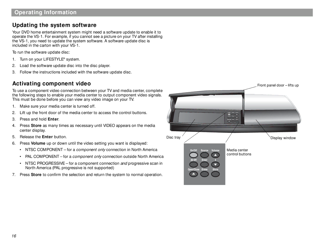 Bose VS-1 manual Operating Information, Updating the system software, Activating component video 