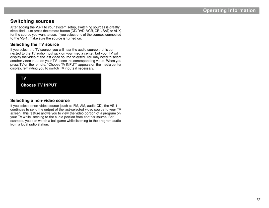 Bose VS-1 manual Switching sources, Selecting the TV source 