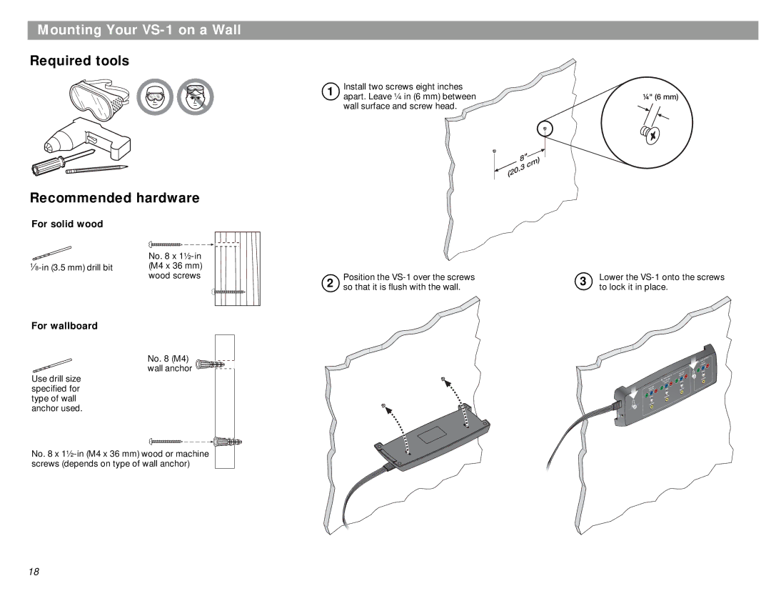 Bose manual Mounting Your VS-1 on a Wall, Required tools, Recommended hardware, For solid wood, For wallboard 