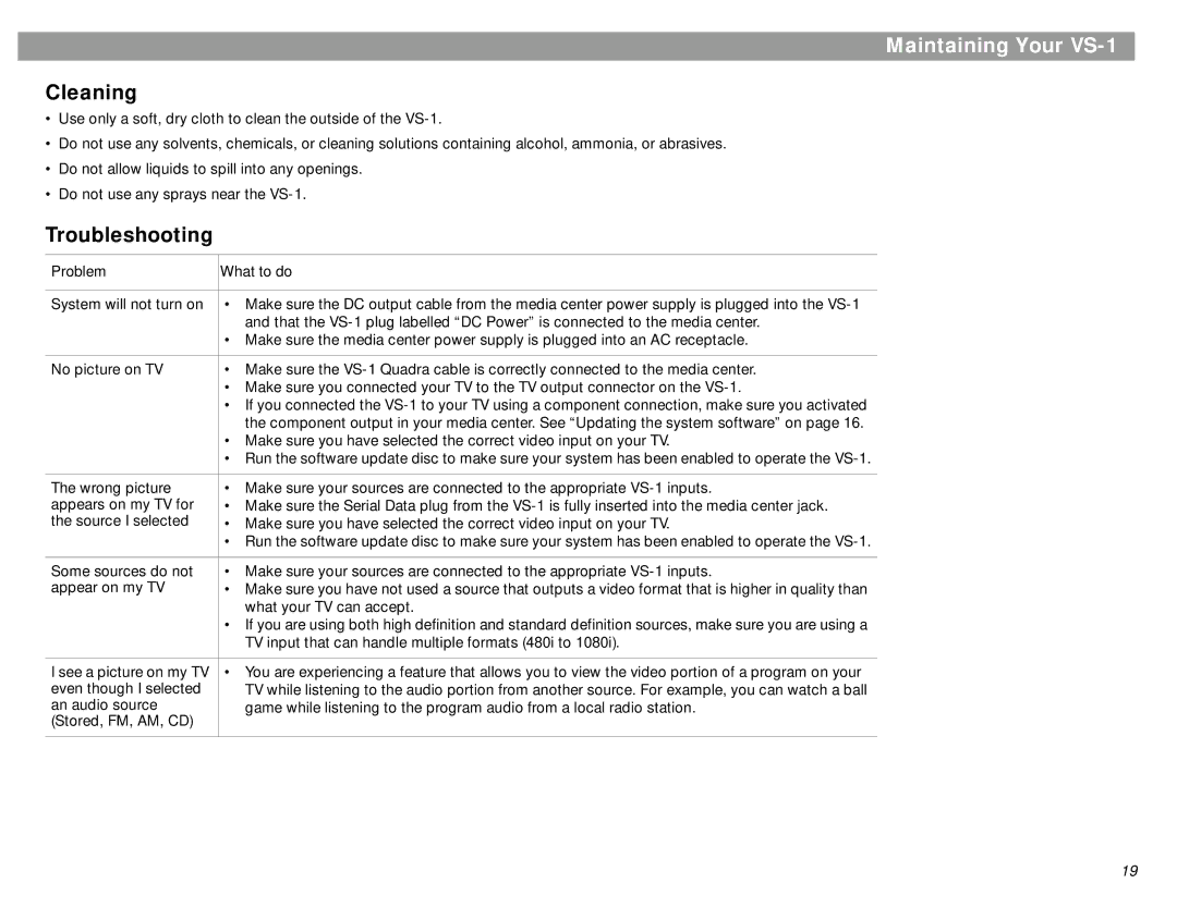 Bose manual Maintaining Your VS-1, Cleaning, Troubleshooting 