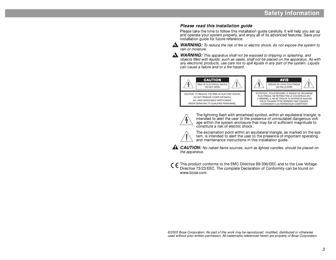 Bose VS-1 manual Safety Information, Please read this installation guide 