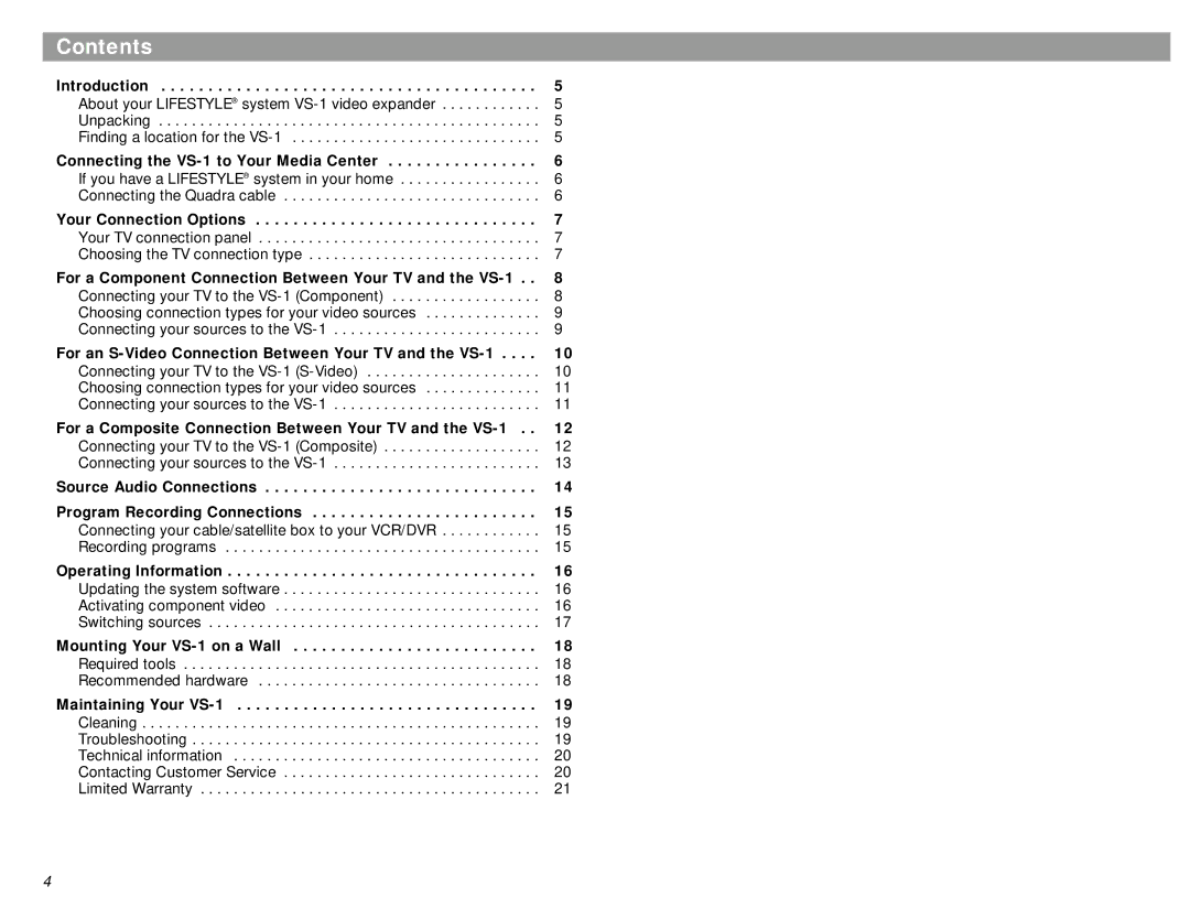 Bose VS-1 manual Contents 