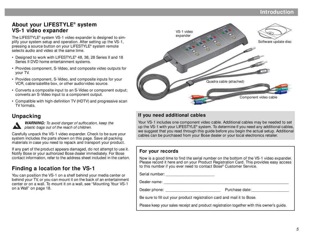 Bose manual Introduction, About your Lifestyle system VS-1 video expander, Unpacking, Finding a location for the VS-1 