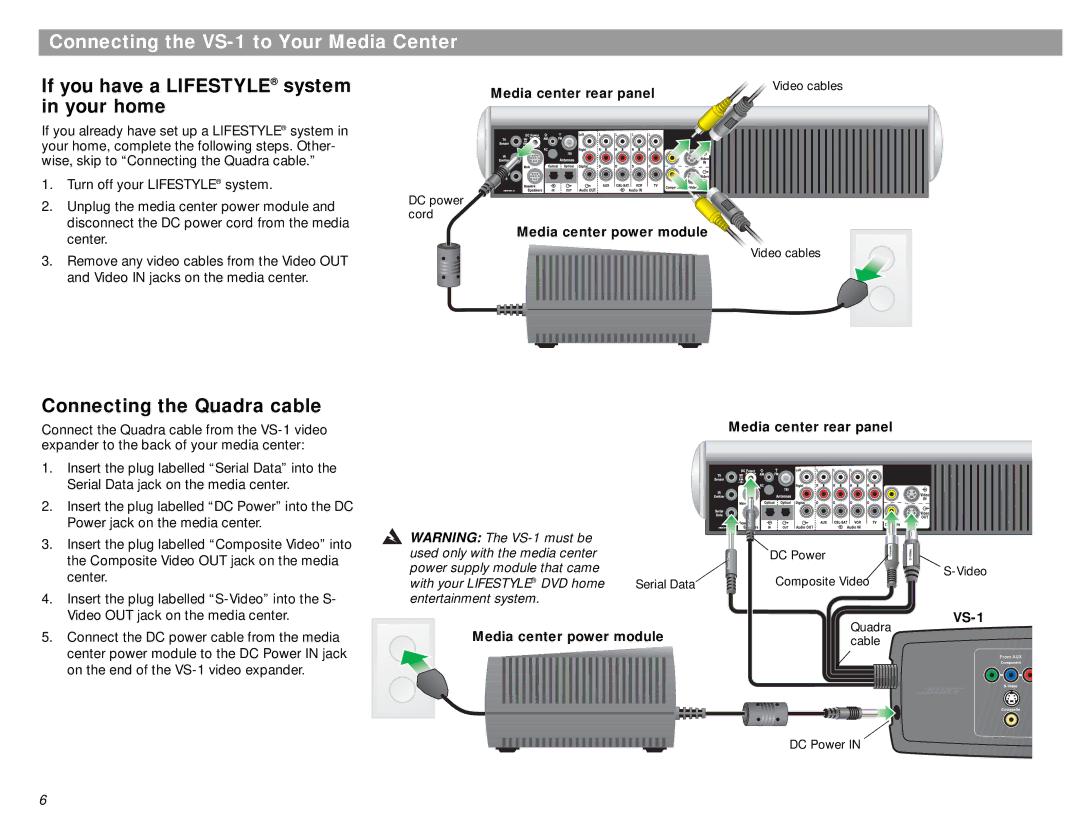 Bose Connecting the VS-1 to Your Media Center, If you have a Lifestyle system in your home, Connecting the Quadra cable 