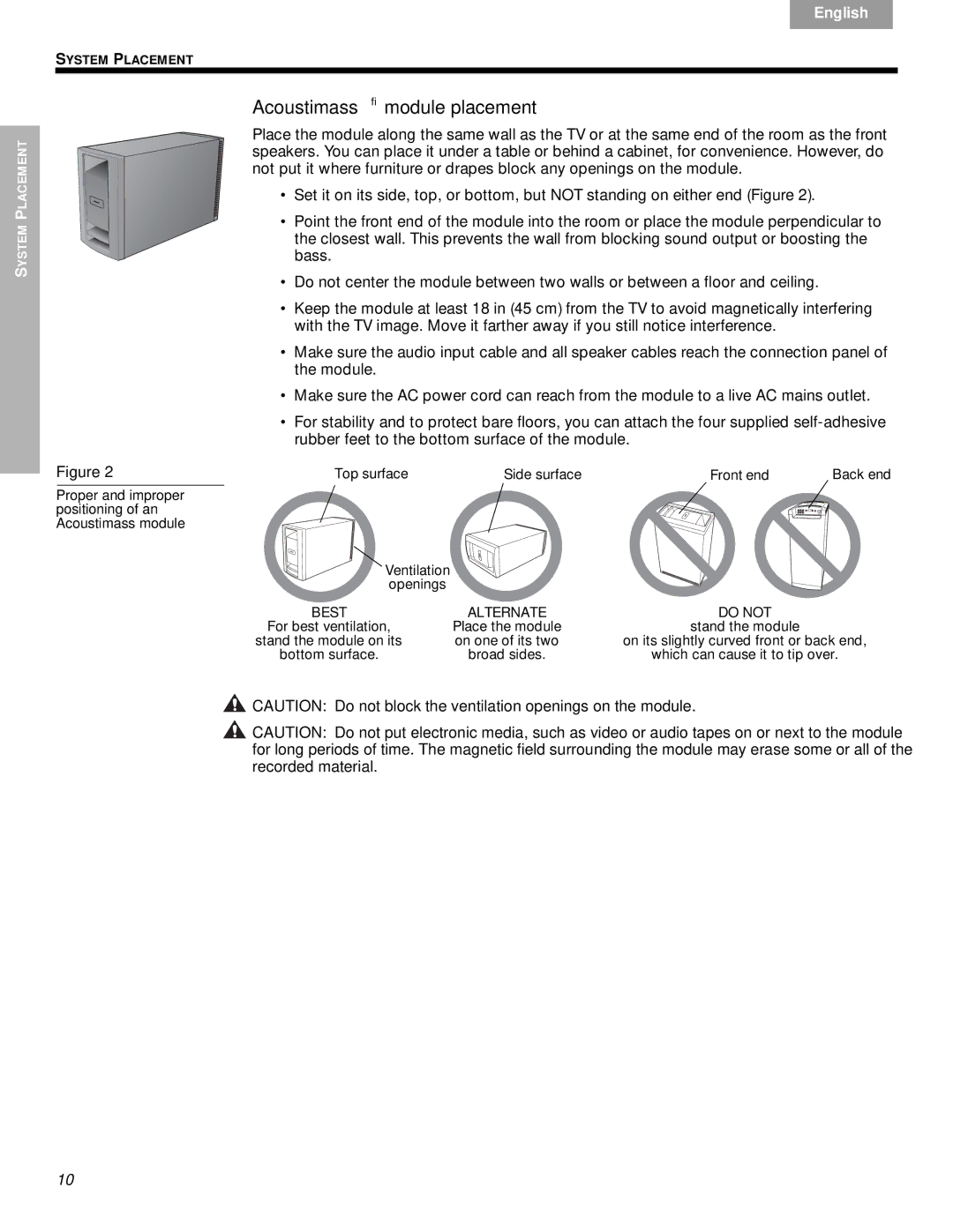 Bose VS-2 manual Acoustimass module placement, Proper and improper Positioning of an Acoustimass module 