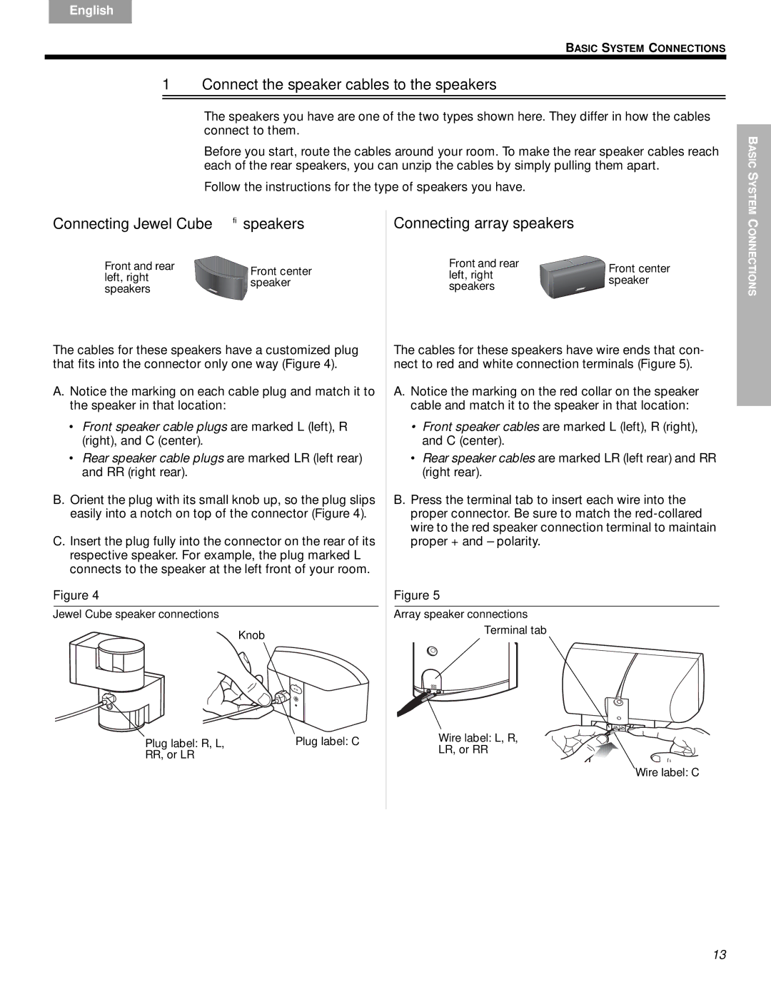 Bose VS-2 manual Connect the speaker cables to the speakers, Connecting Jewel Cube speakers, Connecting array speakers 