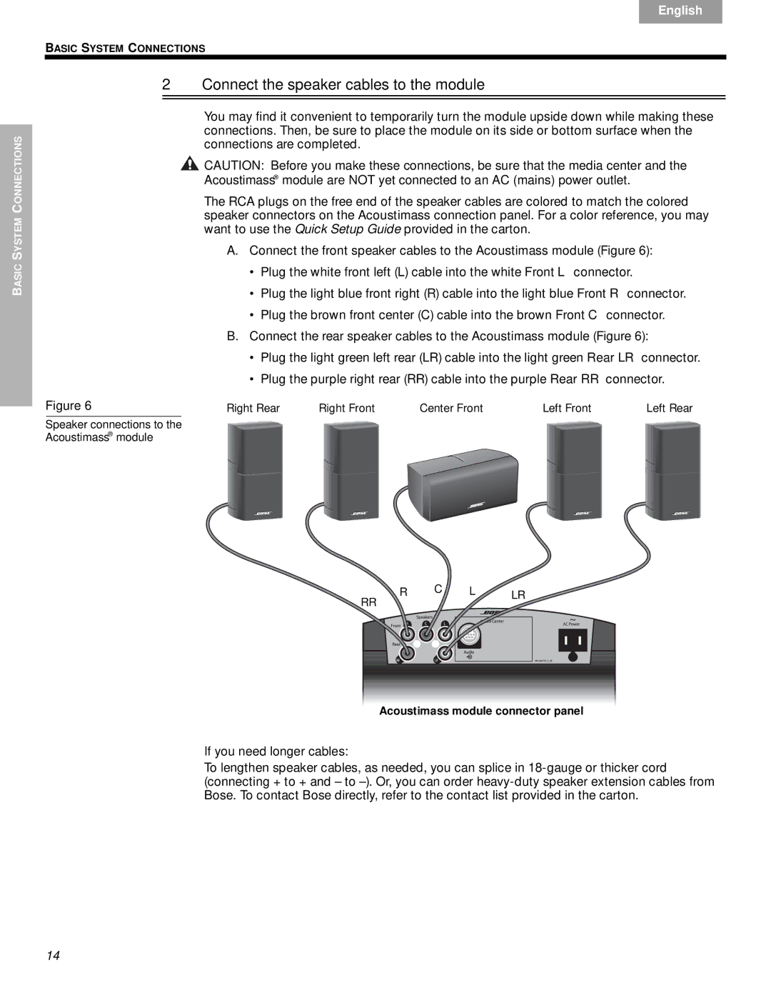 Bose VS-2 manual Connect the speaker cables to the module, If you need longer cables, Acoustimass module connector panel 