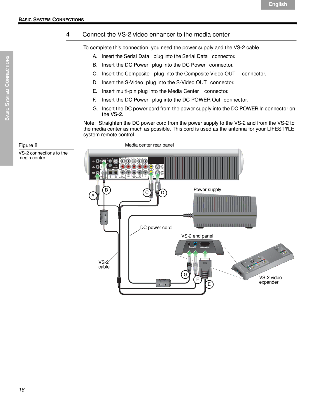 Bose manual Connect the VS-2 video enhancer to the media center, Media center rear panel, Power supply VS-2 cable 