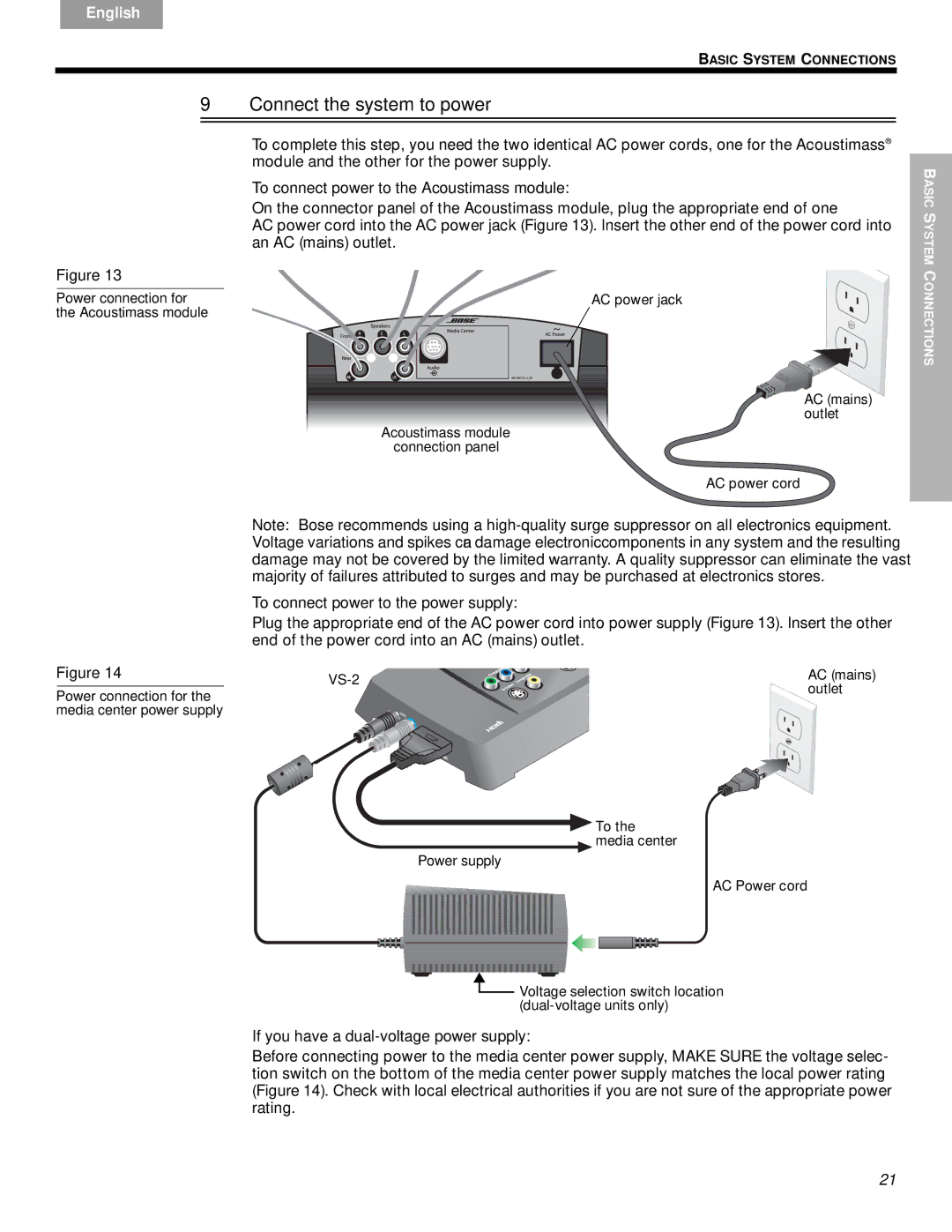 Bose VS-2 Connect the system to power, To connect power to the Acoustimass module, To connect power to the power supply 