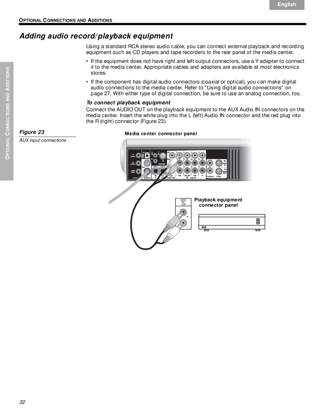 Bose VS-2 manual Adding audio record/playback equipment, To connect playback equipment, Playback equipment, Connector panel 