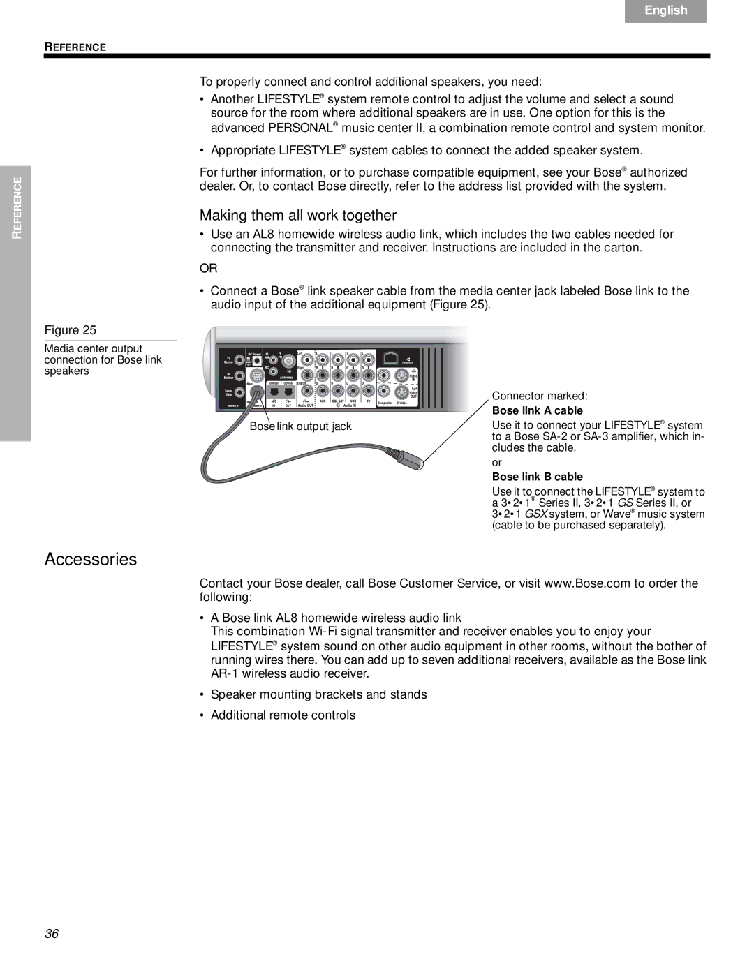 Bose VS-2 manual Accessories, Making them all work together, Bose link a cable, Bose link B cable 