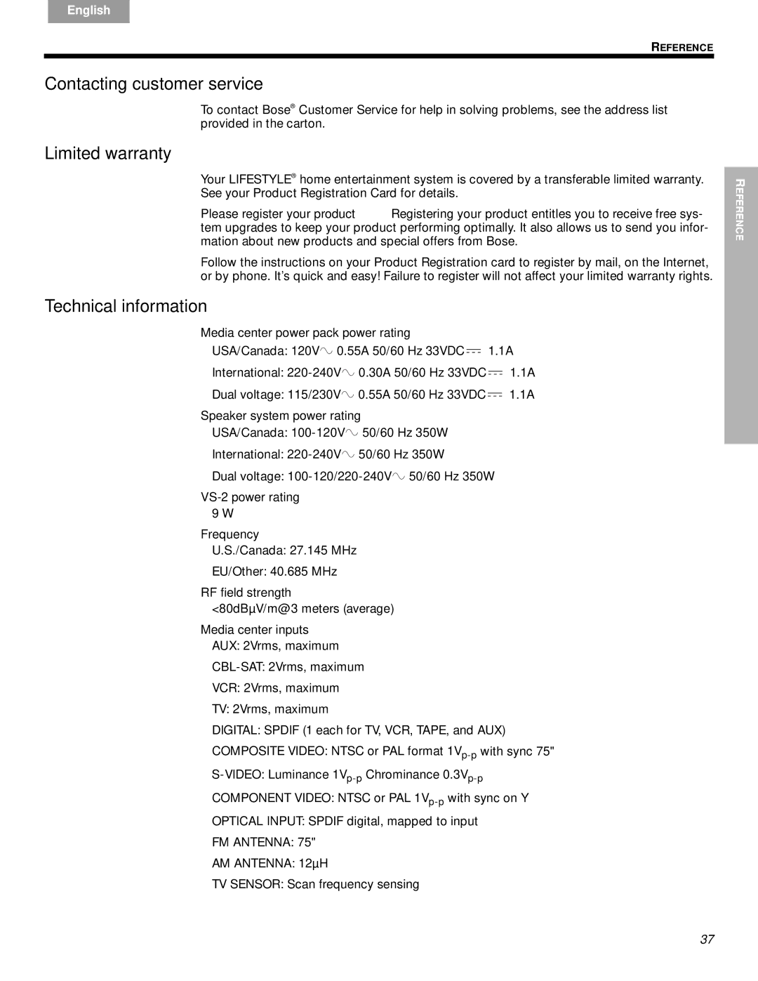 Bose VS-2 manual Contacting customer service, Limited warranty, Technical information 