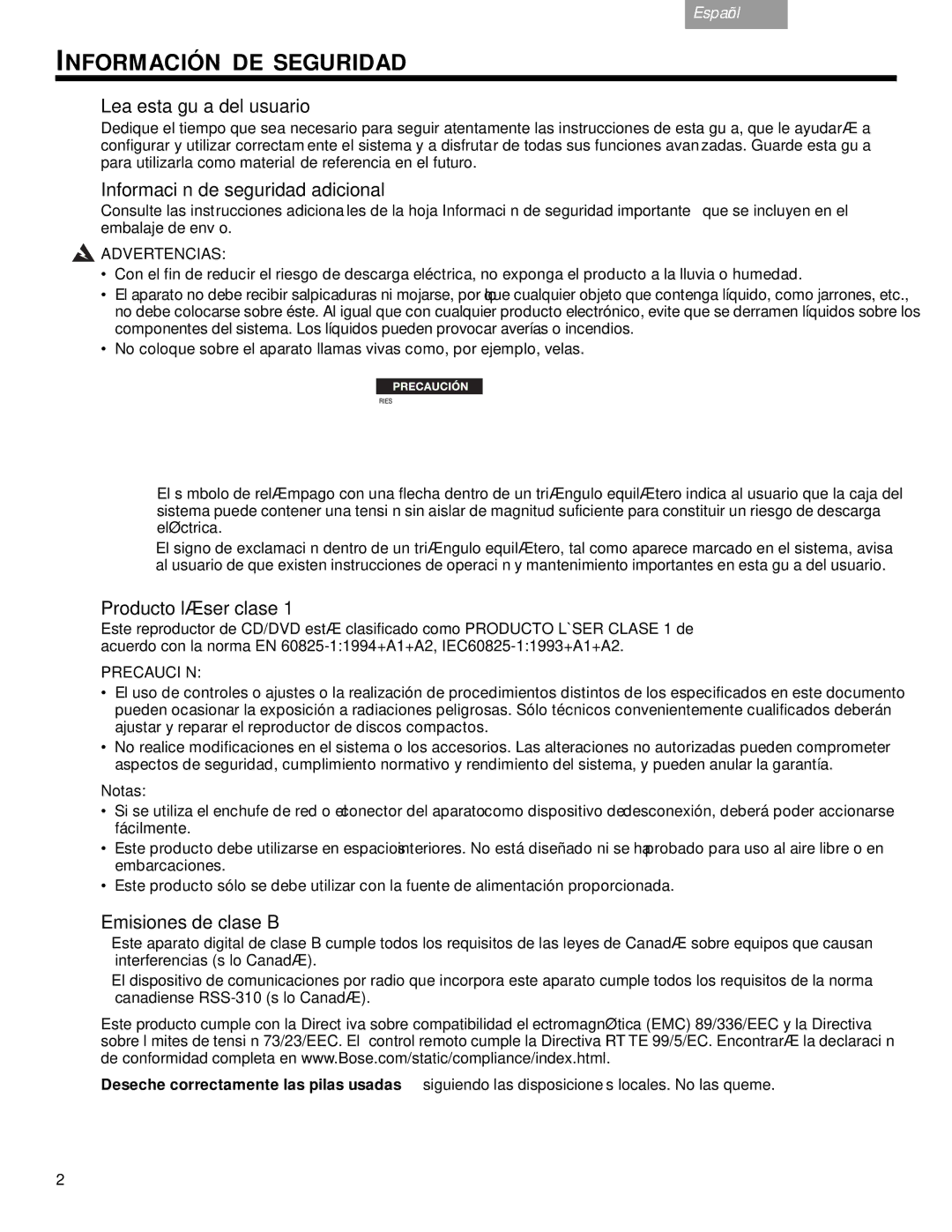 Bose VS-2 Información DE Seguridad, Lea esta guía del usuario, Información de seguridad adicional, Producto láser clase 