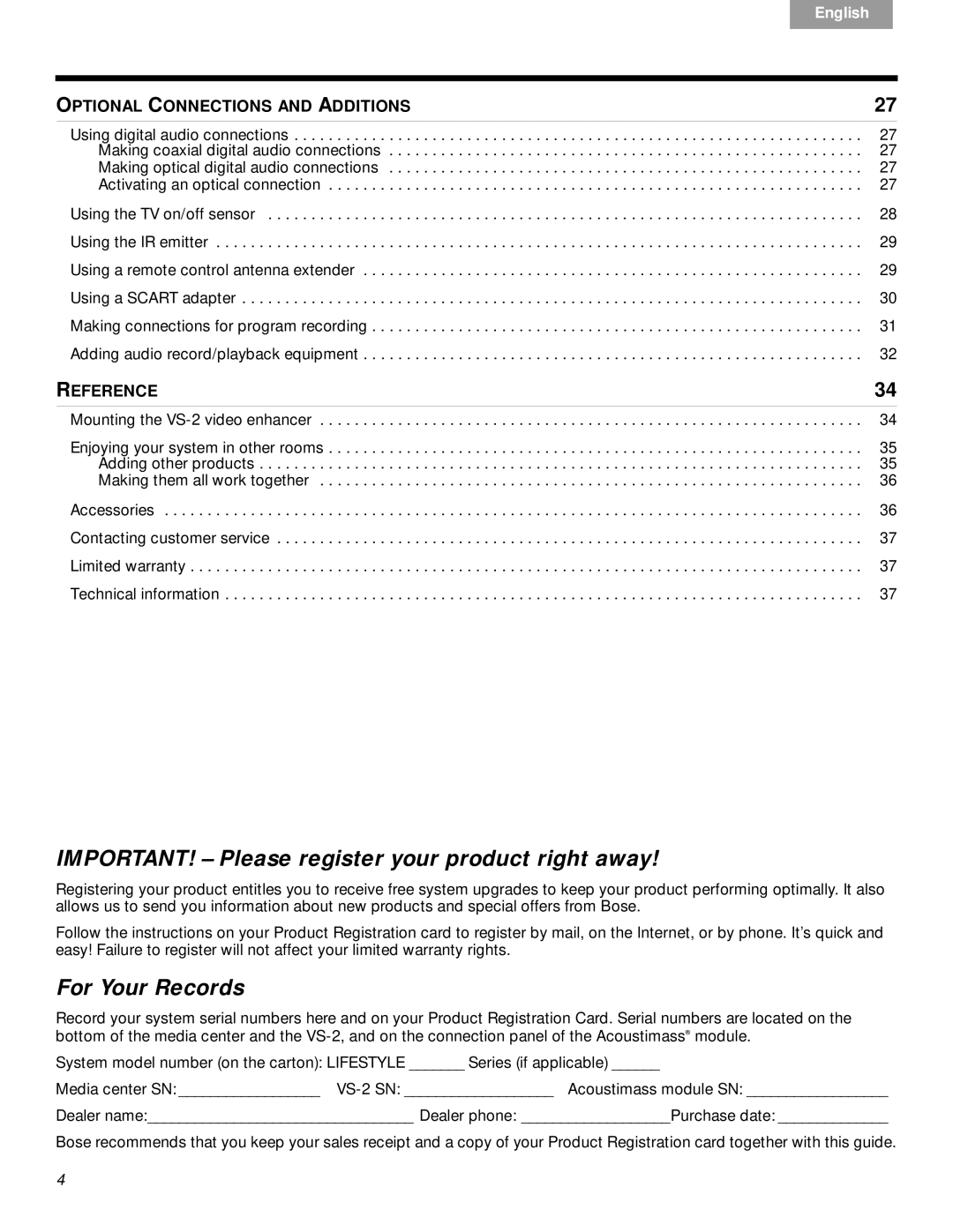 Bose VS-2 manual IMPORTANT! Please register your product right away, For Your Records 