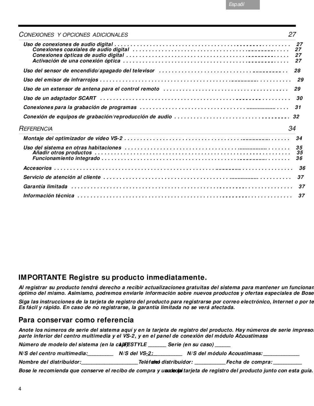 Bose VS-2 manual Importante Registre su producto inmediatamente, Para conservar como referencia 