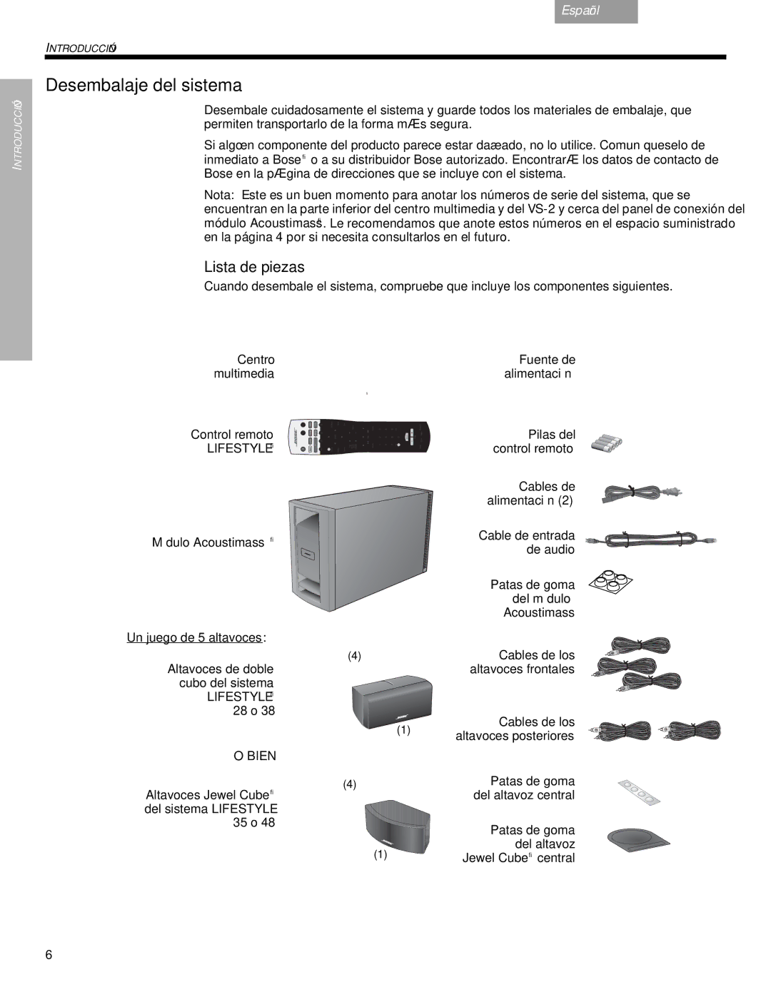 Bose VS-2 manual Desembalaje del sistema, Lista de piezas 