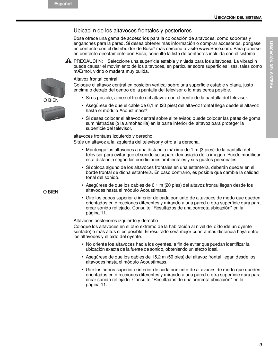 Bose VS-2 manual Ubicación de los altavoces frontales y posteriores, Altavoz frontal central 